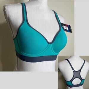 SIZE 34C Youmita Athletic Sports Bra PADDED Wireless Keyhole Racerback TEAL-GRAY